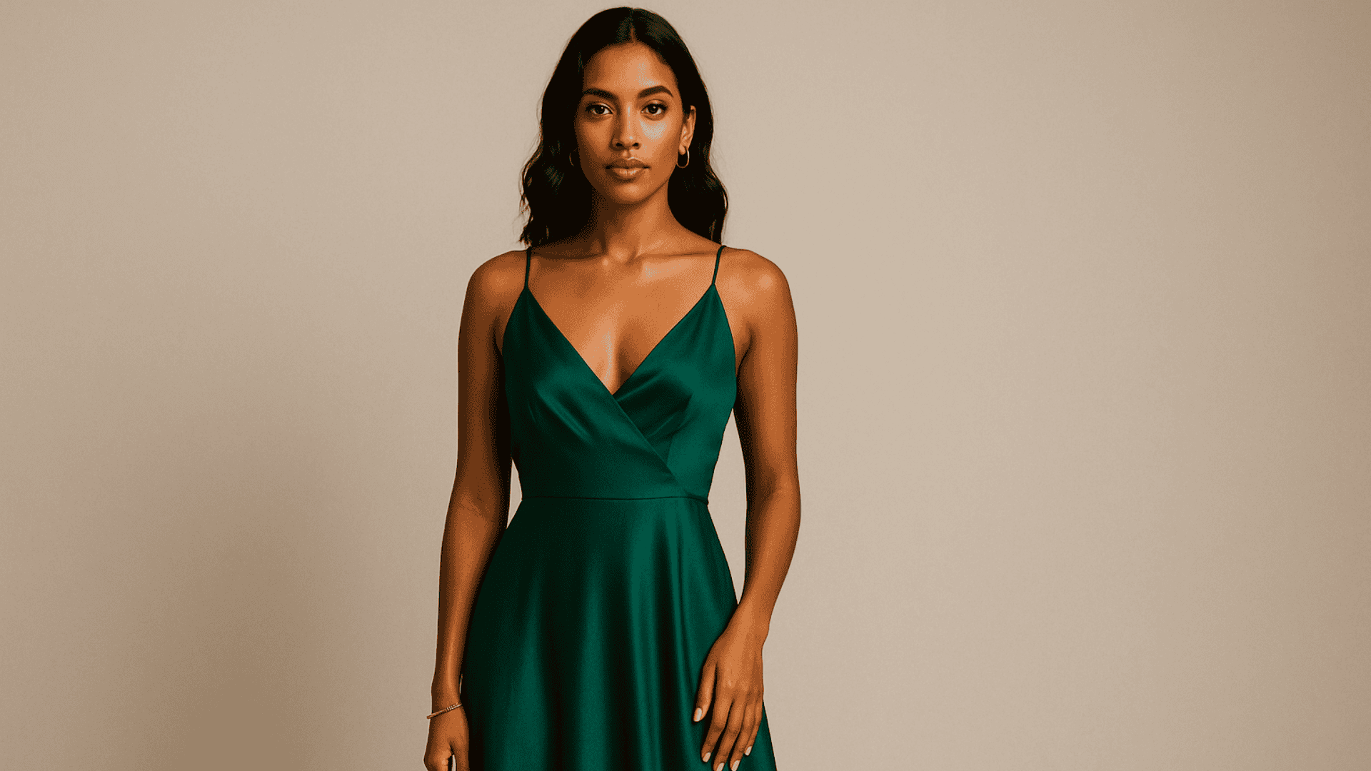 Mujer morena con vestido verde esmeralda.