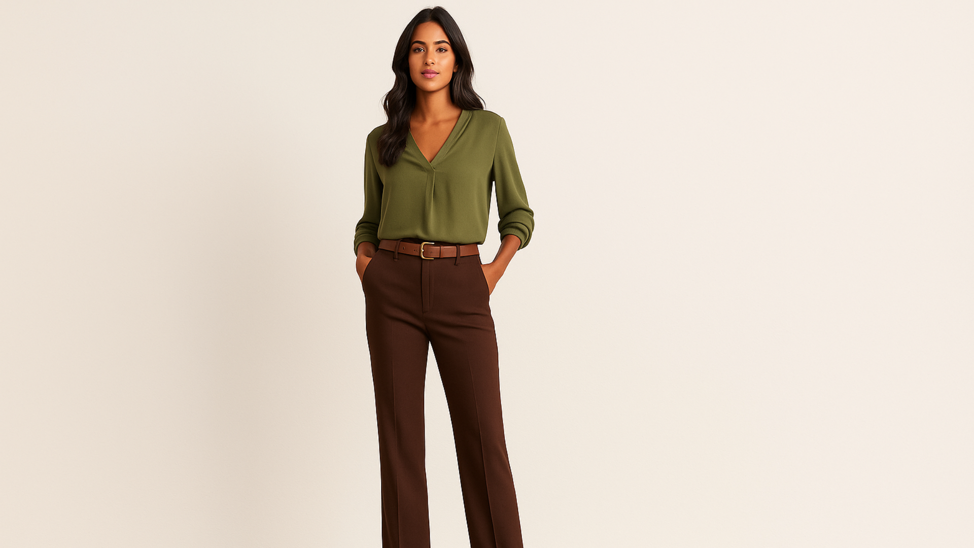 Mujer morena con blusa verde oliva y pantalón marrón.