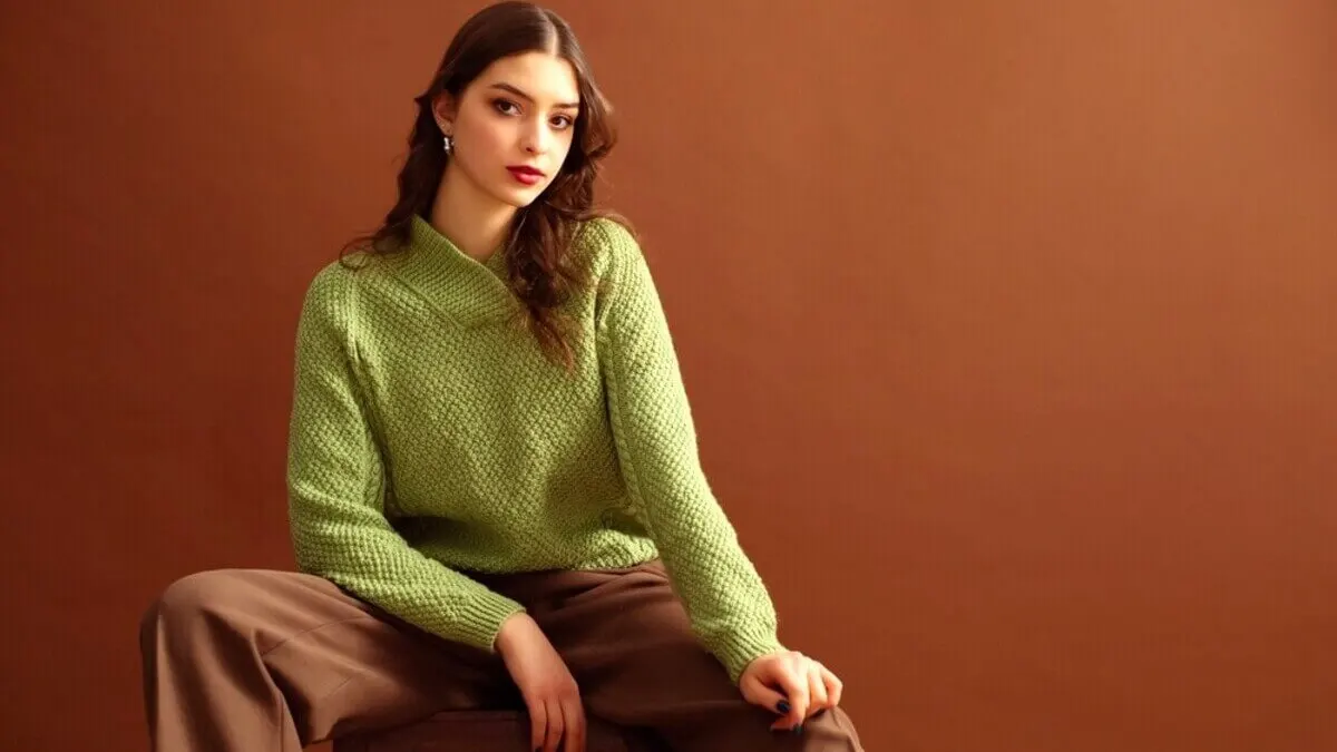 Mujer luce suéter de color pistacho y pantalón marrón.
