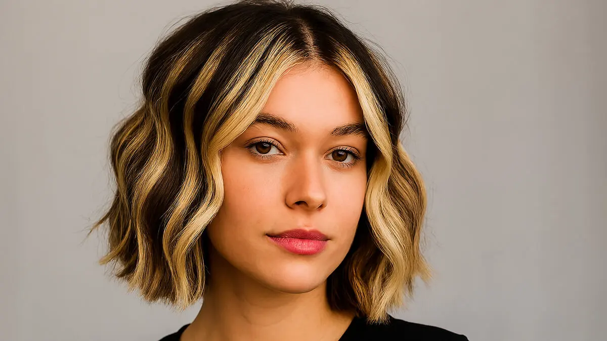 Mechas chunky en cabello corto ondulado.