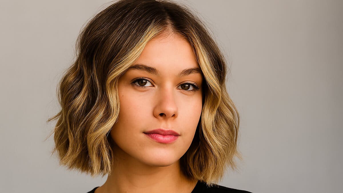 Mechas foilyage en cabello corto ondulado.