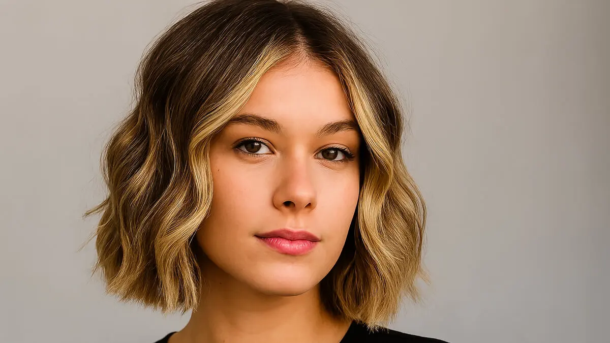 Mechas foilyage en cabello corto ondulado.