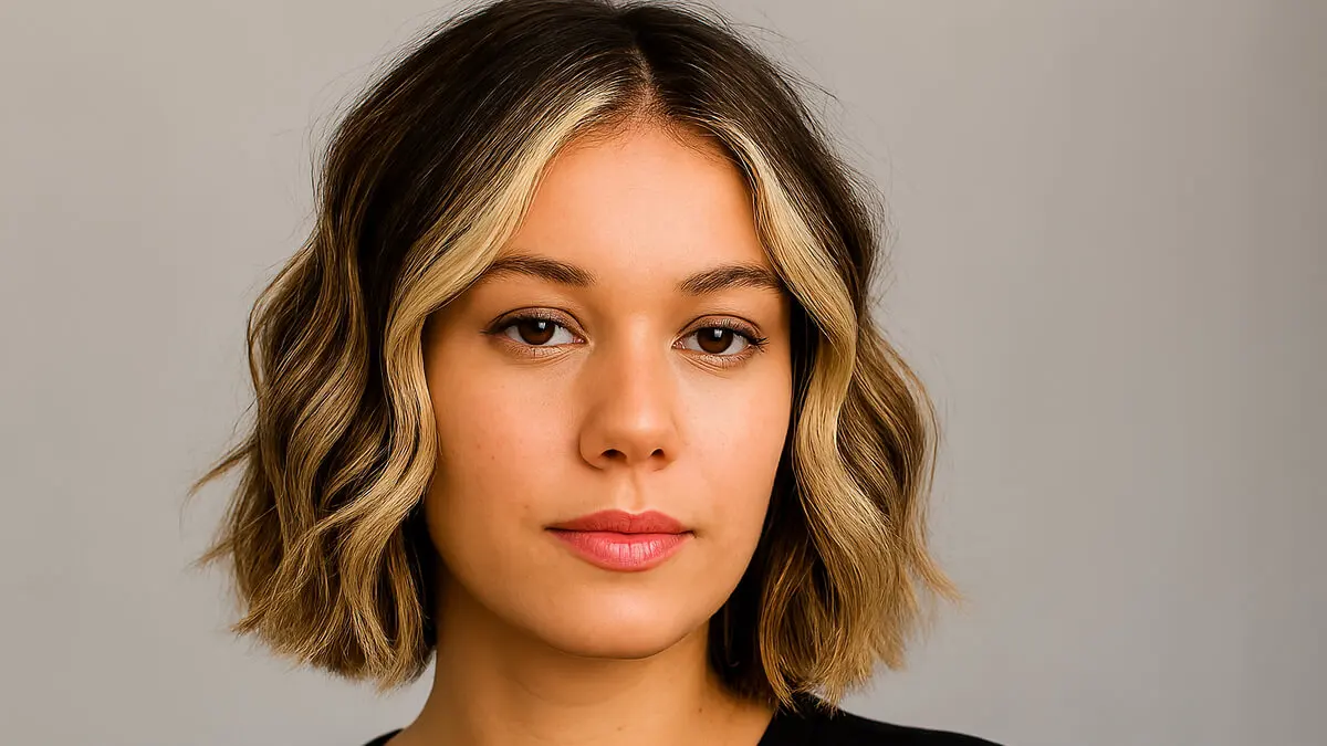 Mechas money piece en cabello corto ondulado.