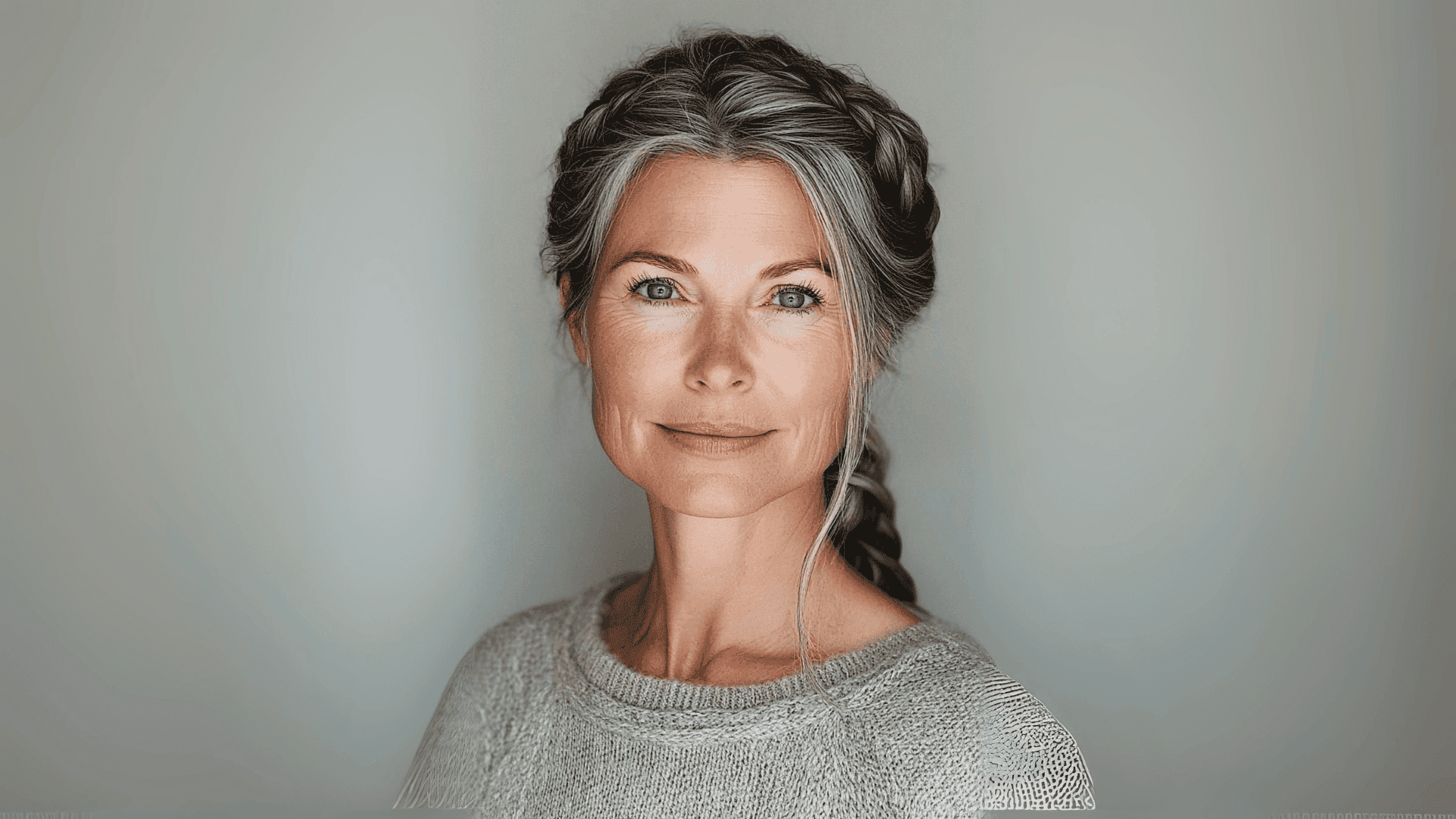 Mujer con canas luce una trenza de espiga.