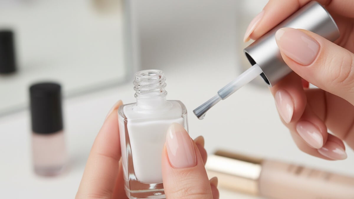 Manos y un frasco de brillo de uñas transparente