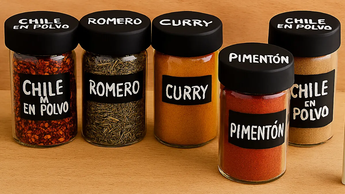 Especieros personalizados con los nombres de los ingredientes.