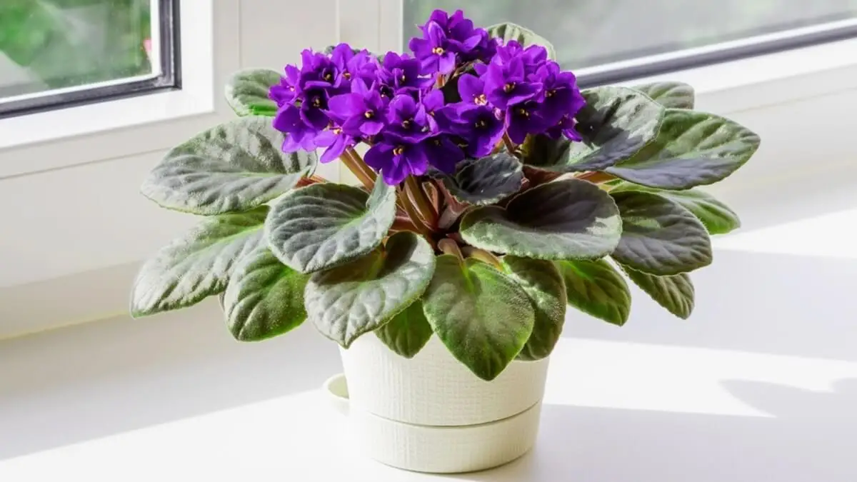 Violeta africana con flores en maceta.