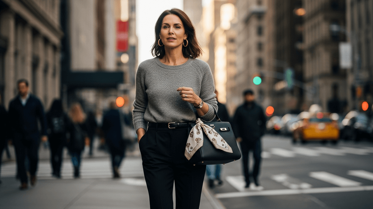 Look con accesorios y pañuelo en el bolso.