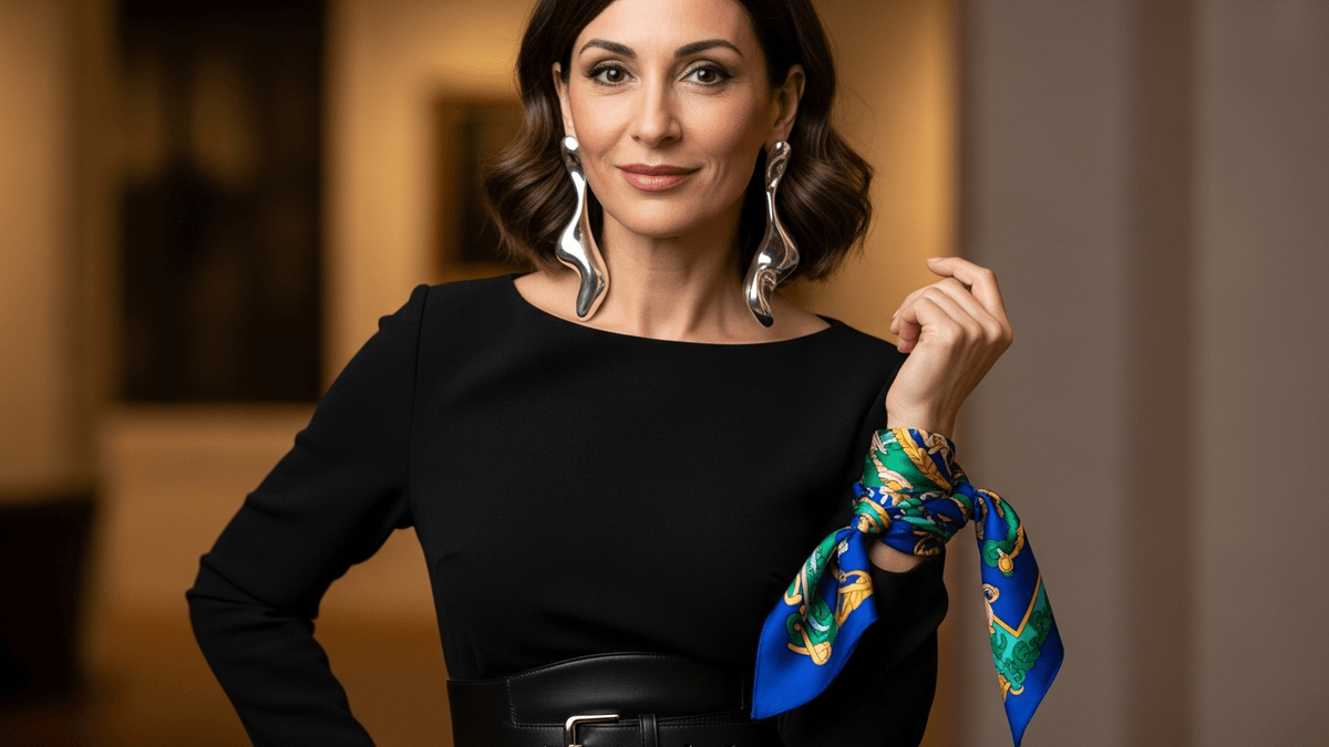 Vestuario con vestido negro y pañuelo colorido.