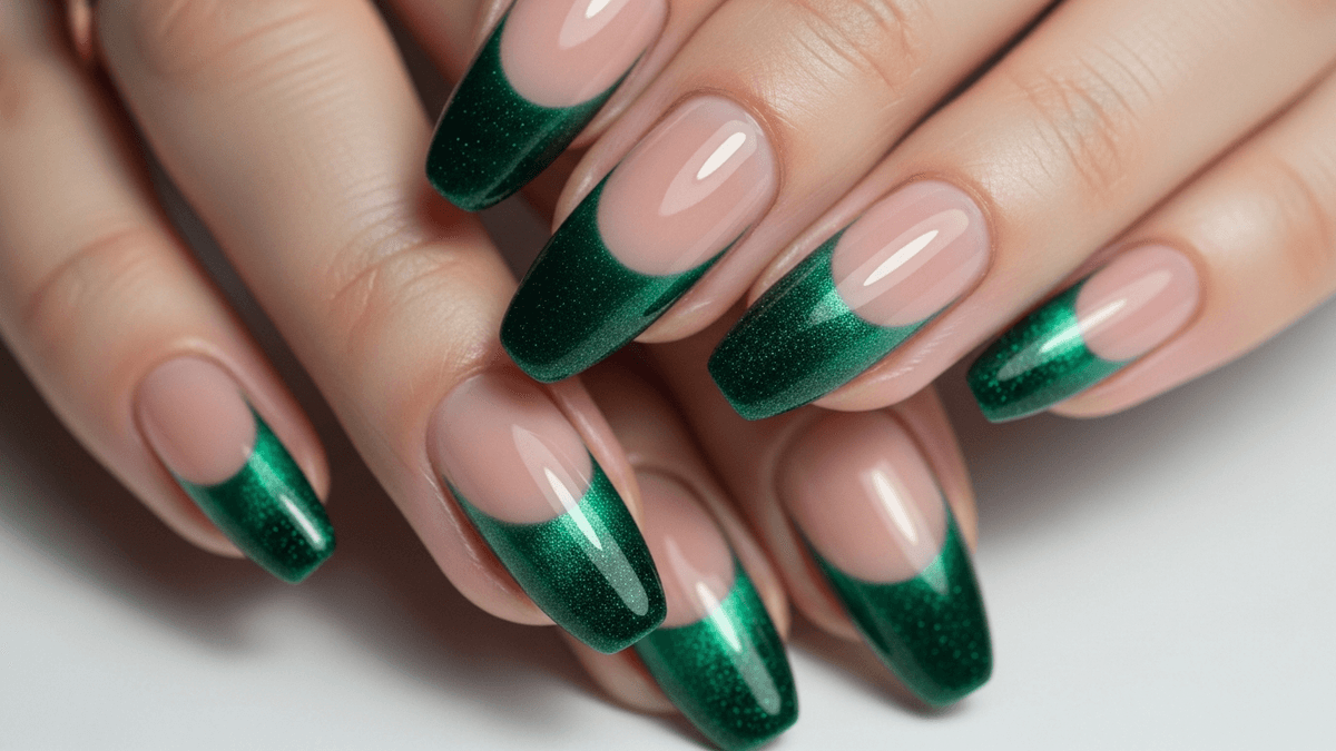 Uñas francesas en verde esmeralda.