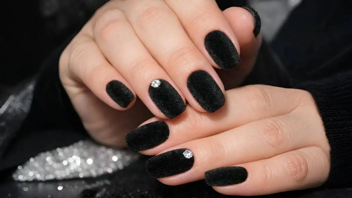 Uñas velvet con brillo en anular