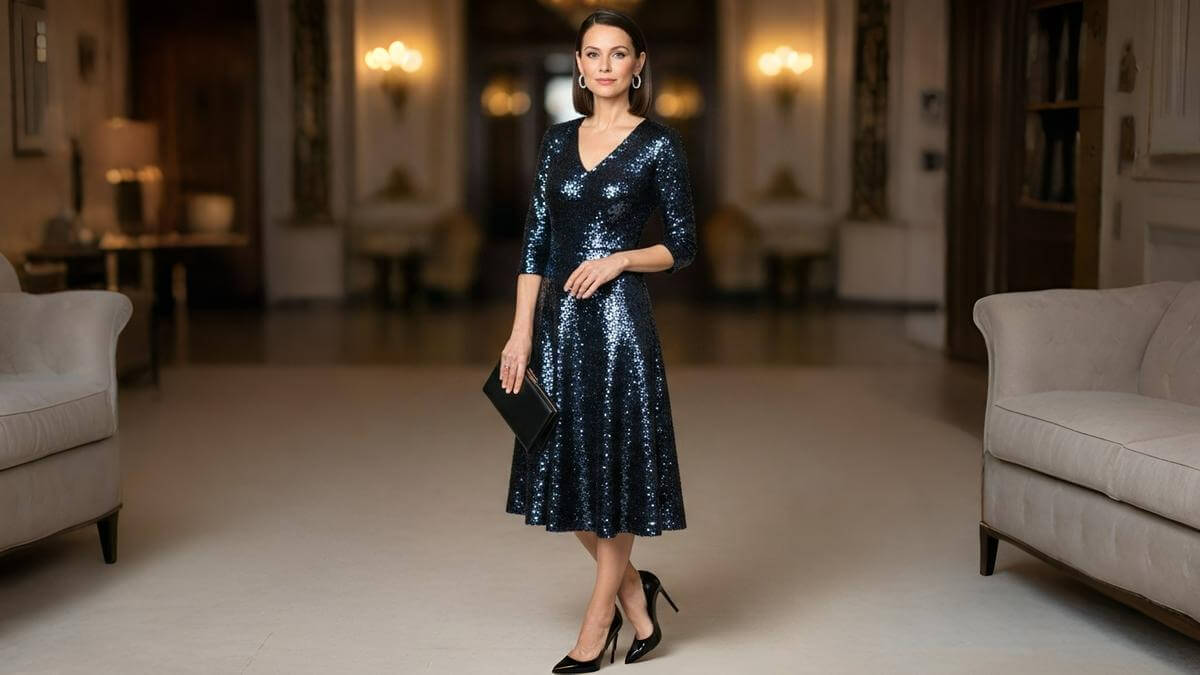 Vestido de lentejuelas combinado con accesorios sutiles