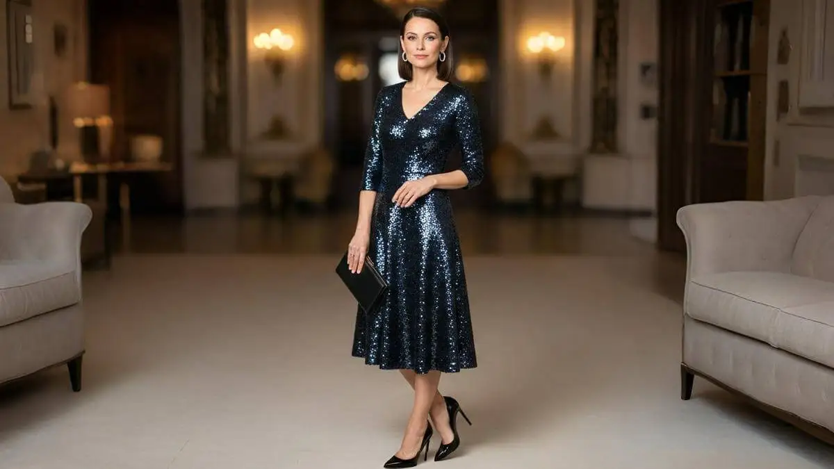 Vestido de lentejuelas combinado con accesorios sutiles