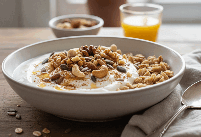 Yogur natural, frutos secos y cereales integrales