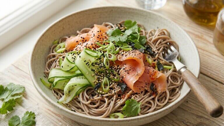 Noodles fríos con salmón ahumado