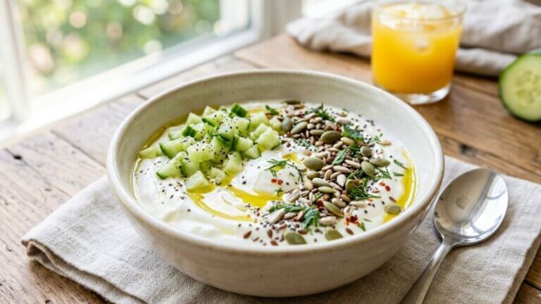Yogur griego con pepino y semillas