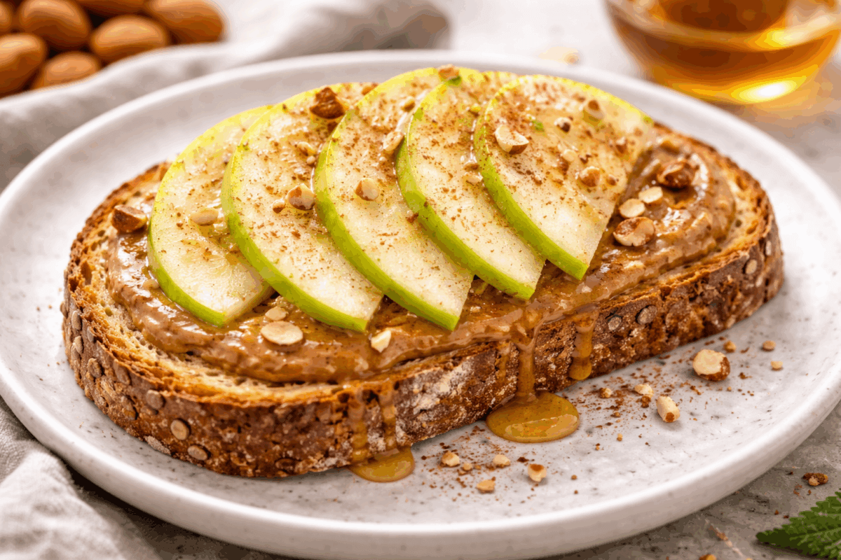 Tostada con mantequilla de almendras y manzanas verdes