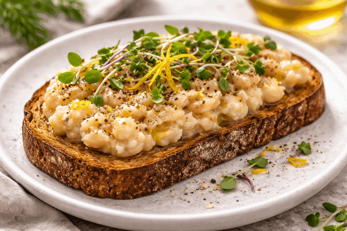 Tostada con alubias blancas, ralladura de limón, pimienta y brotes