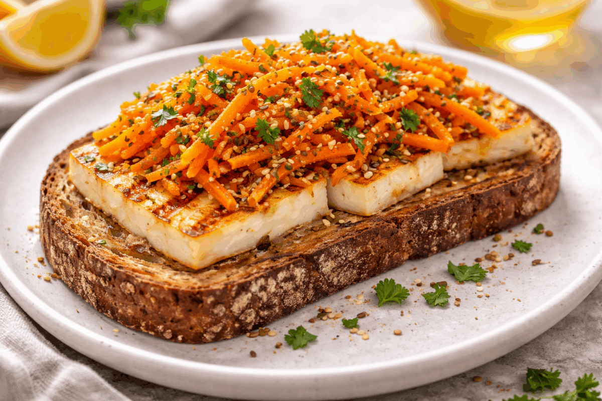 Tostada de queso halloumi con zanahoria