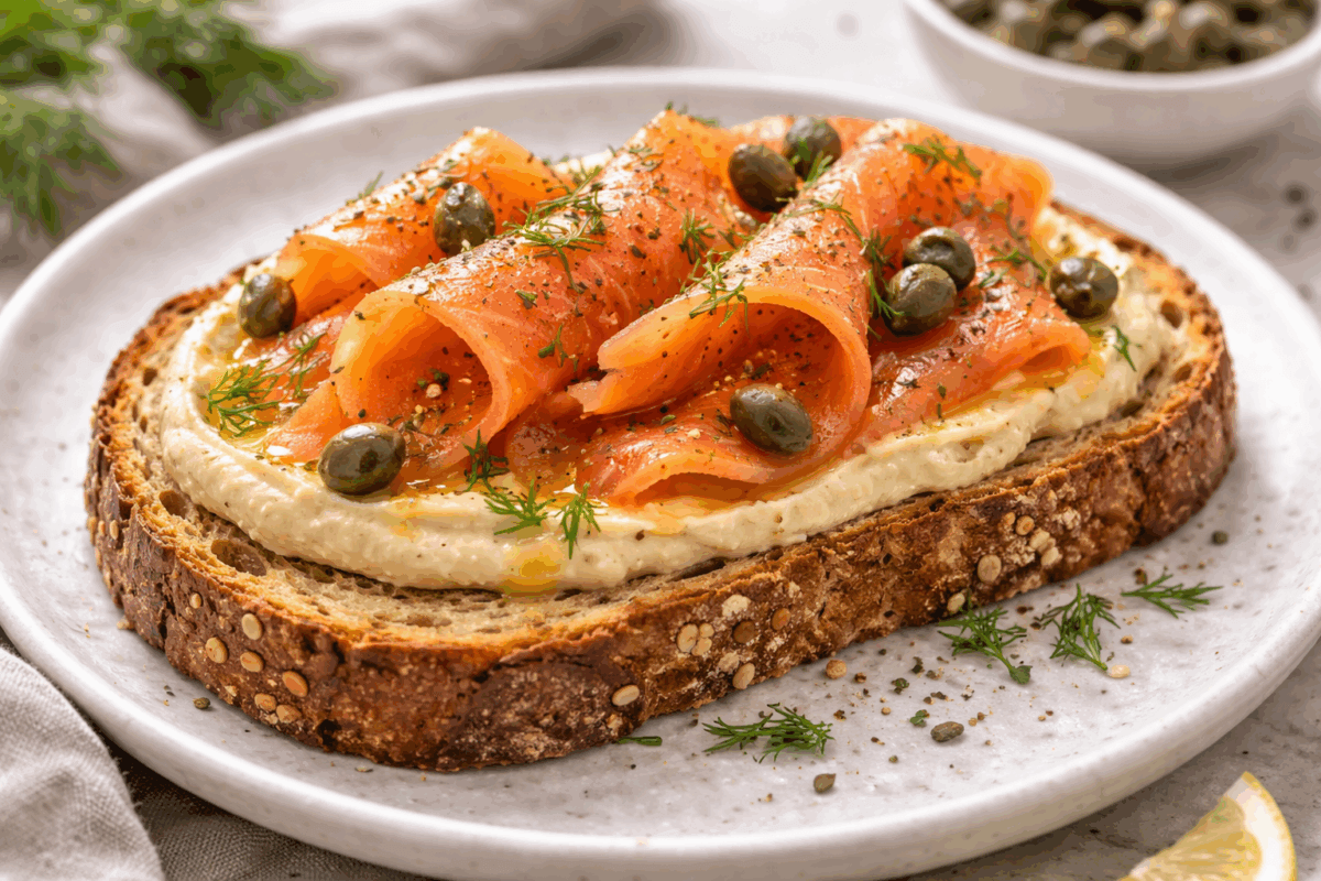 Tostada de hummus con salmón ahumado