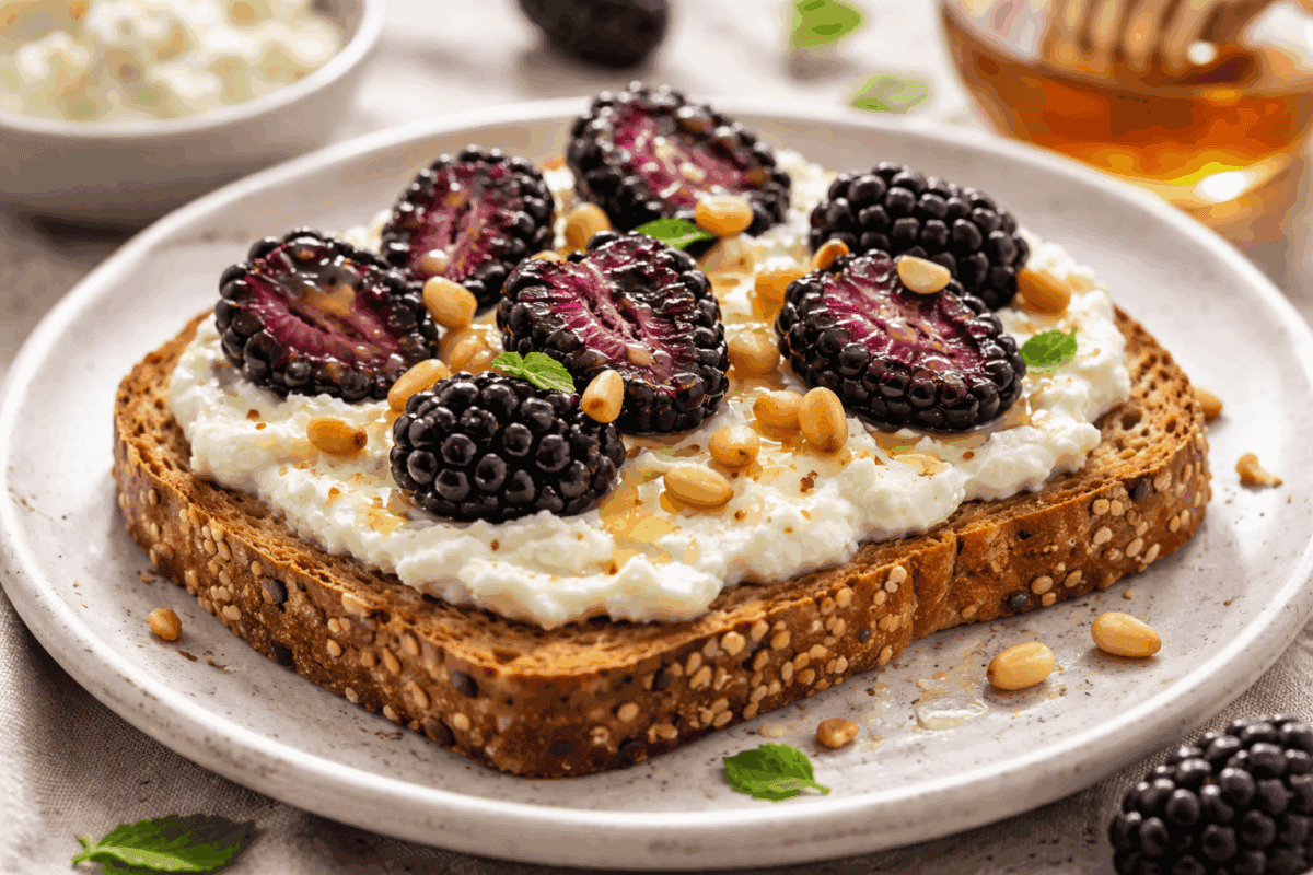 Tostada con requeson, moras y piñones