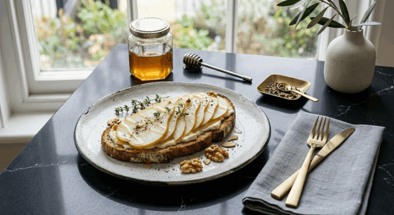 Tostada con queso y láminas de pera
