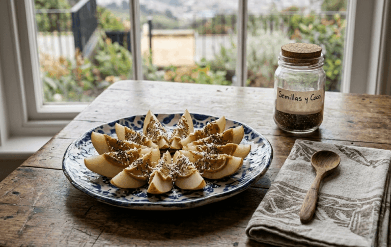 Pera con mantequilla de maní y semillas