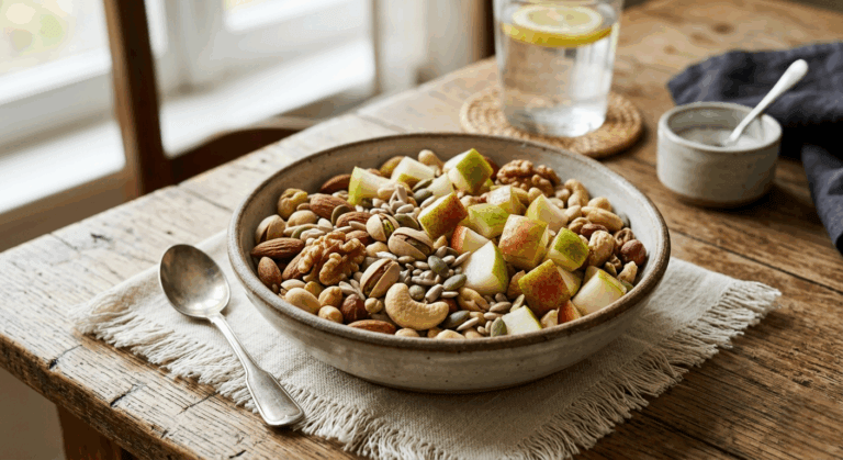 Bowl de frutos secos con pera fresca