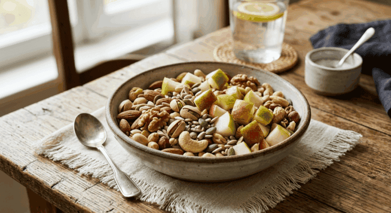Bowl de frutos secos con pera fresca