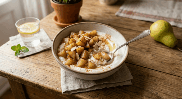 Pera salteada con yogur