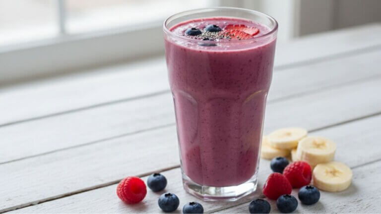 Batido de plátano, frutos rojos y bebida vegetal