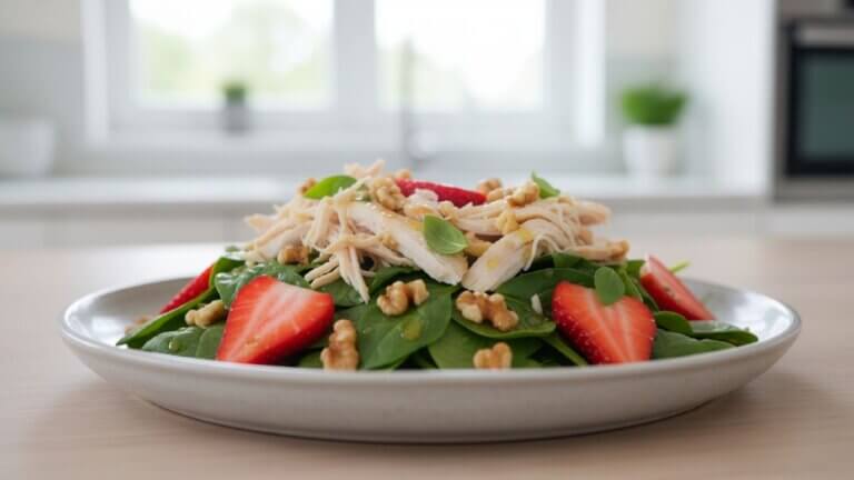 Ensalada de pollo, espinacas baby y fruta