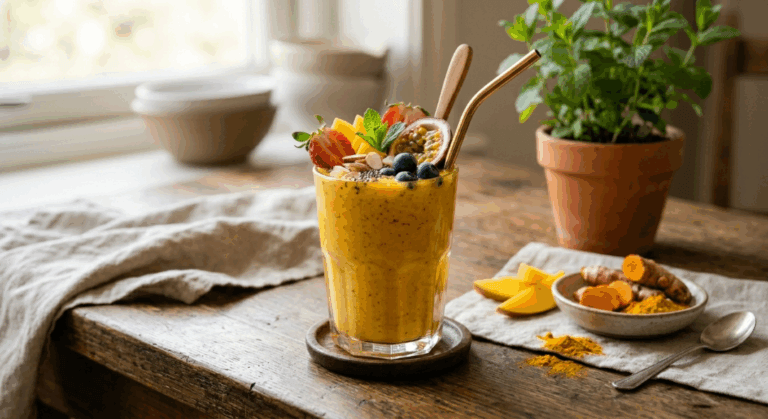 Batido de yogur o kéfir con cúrcuma y fruta