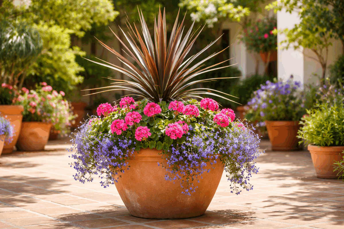 Composición floral en maceta con geranios y lobelias