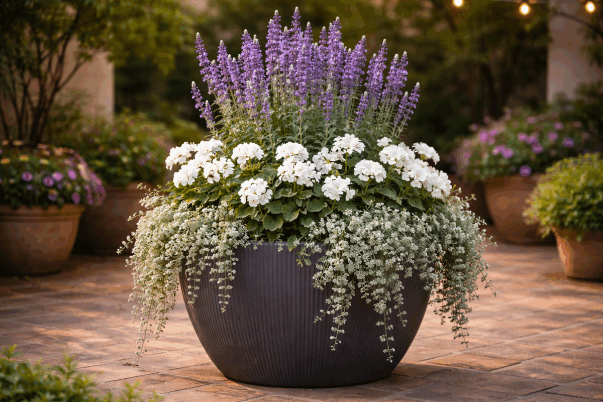 Composición de flores mediterráneas en maceta