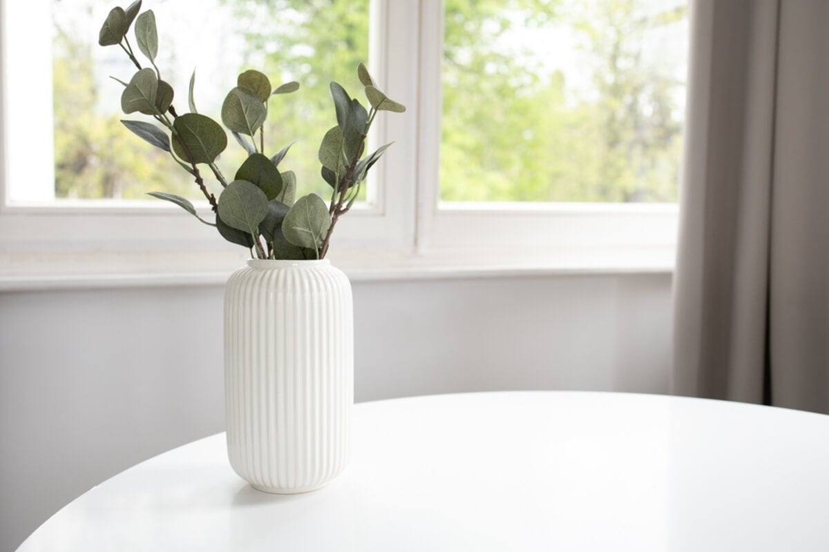 Florero con eucalipto cerca de una ventana
