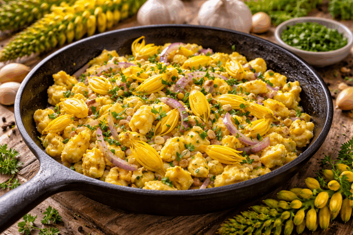 Salteado con huevo y flores de sábila