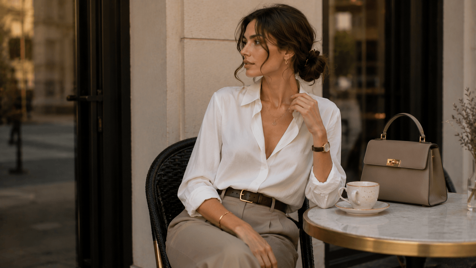 Blusa blanca con bolso estructurado y joyería fina para un conjunto más cuidado y ligero.