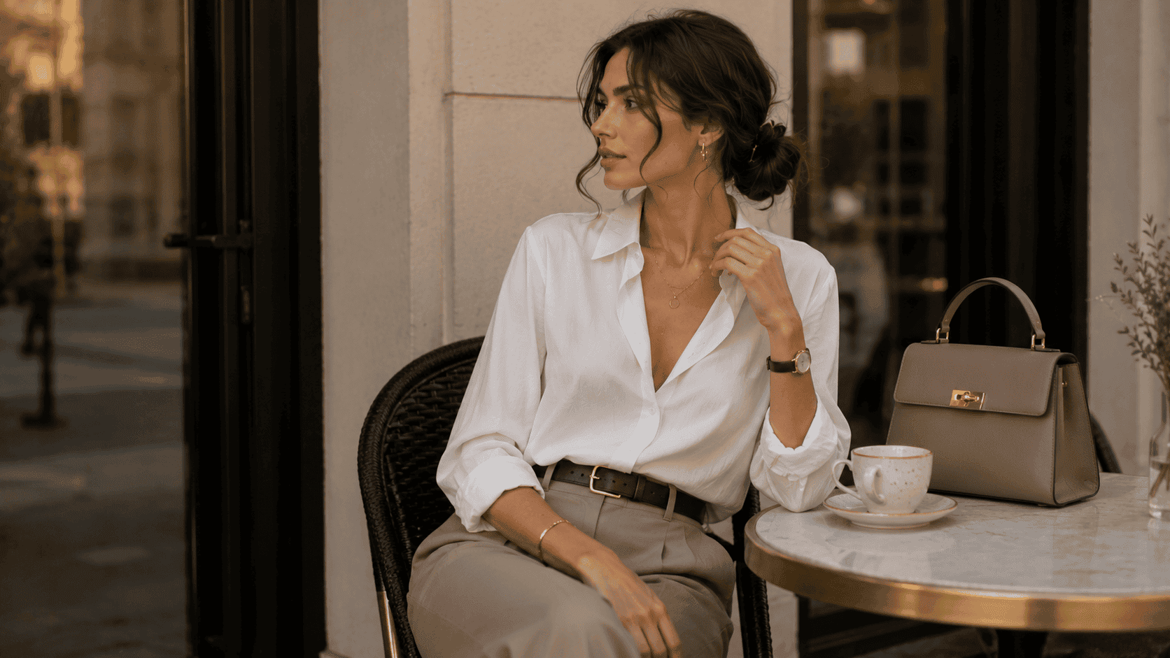 Blusa blanca con bolso estructurado y joyería fina para un conjunto más cuidado y ligero.
