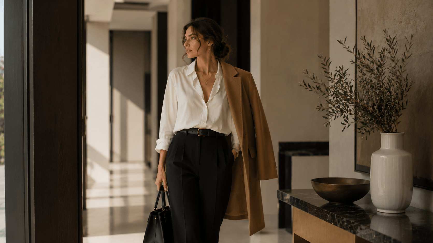 Blusa blanca con pantalón negro de pinzas y abrigo camel en una combinación de tonos neutros más refinada.