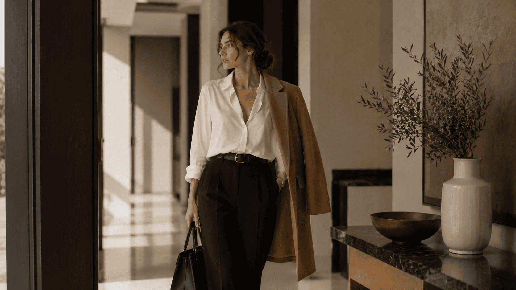 Blusa blanca con pantalón negro de pinzas y abrigo camel en una combinación de tonos neutros más refinada.