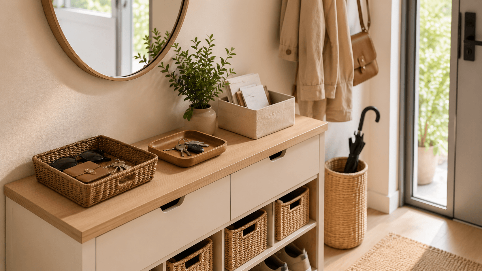 Cestas organizadoras sobre mueble estrecho para mantener llaves, gafas y objetos diarios más ordenados cerca de la entrada.