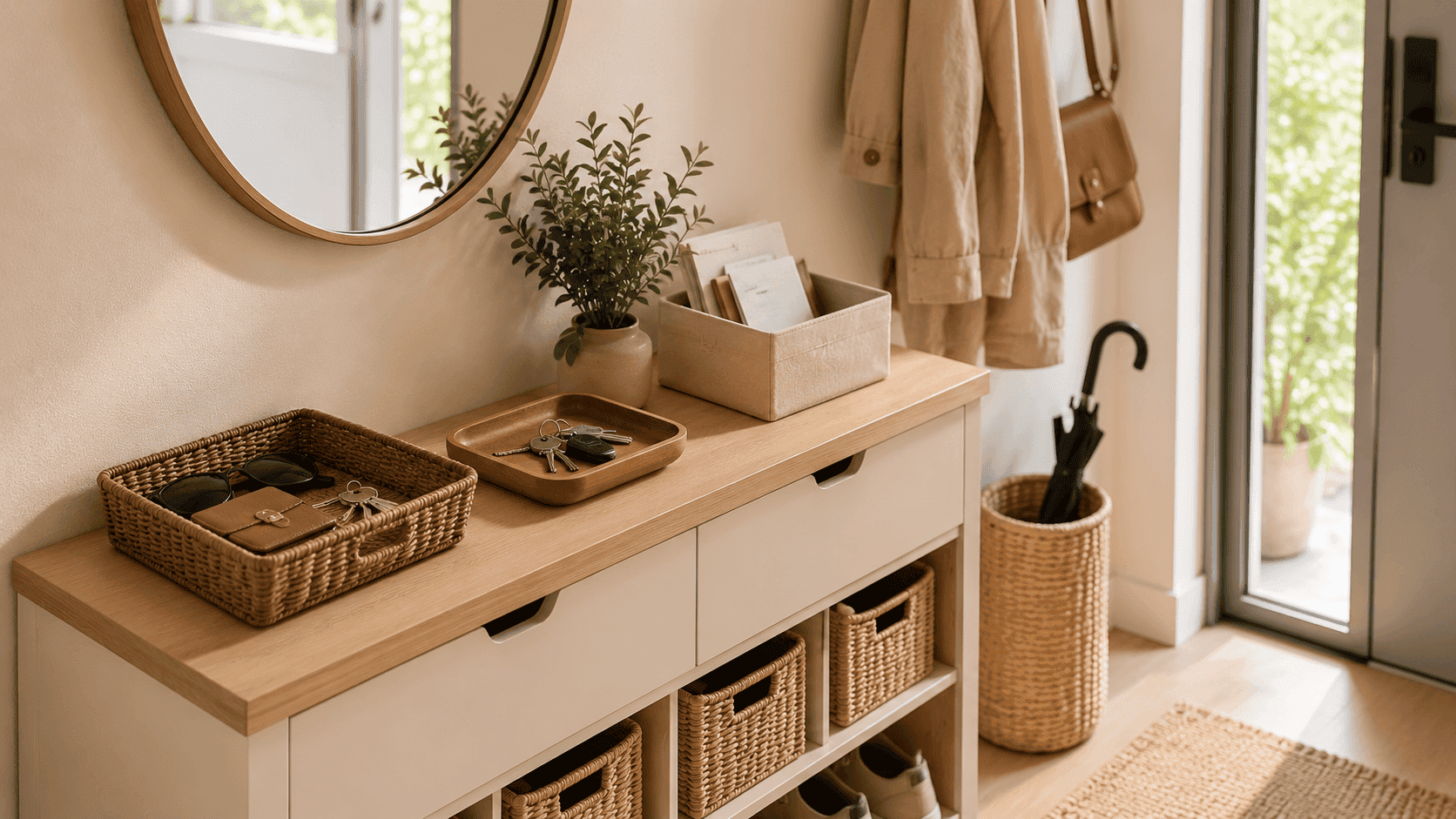 Cestas organizadoras sobre mueble estrecho para mantener llaves, gafas y objetos diarios más ordenados cerca de la entrada.