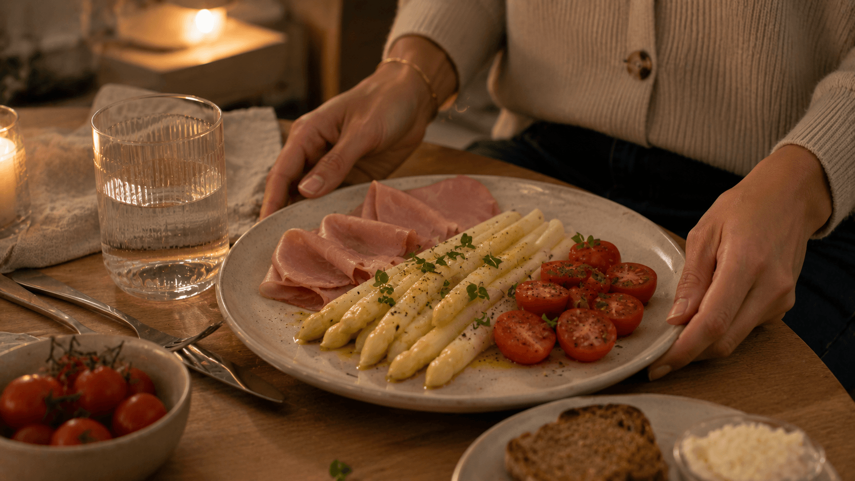 Espárragos blancos con tomate y jamón cocido servidos como una cena ligera y rápida para noches con pocas ganas de cocinar.