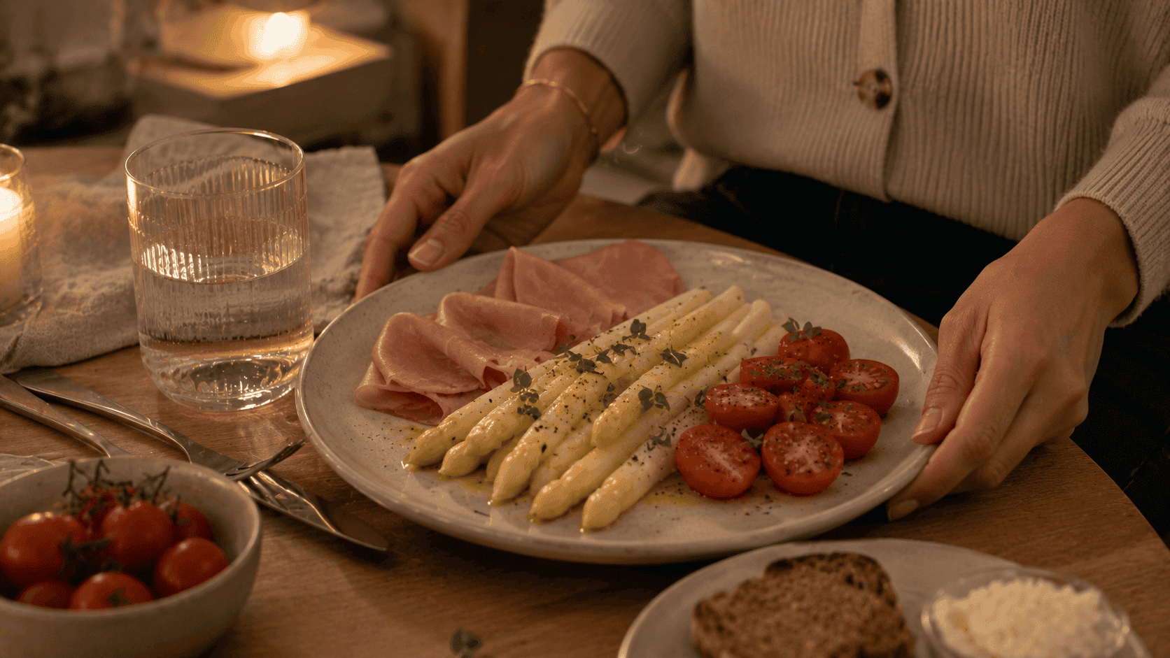 Espárragos blancos con tomate y jamón cocido servidos como una cena ligera y rápida para noches con pocas ganas de cocinar.