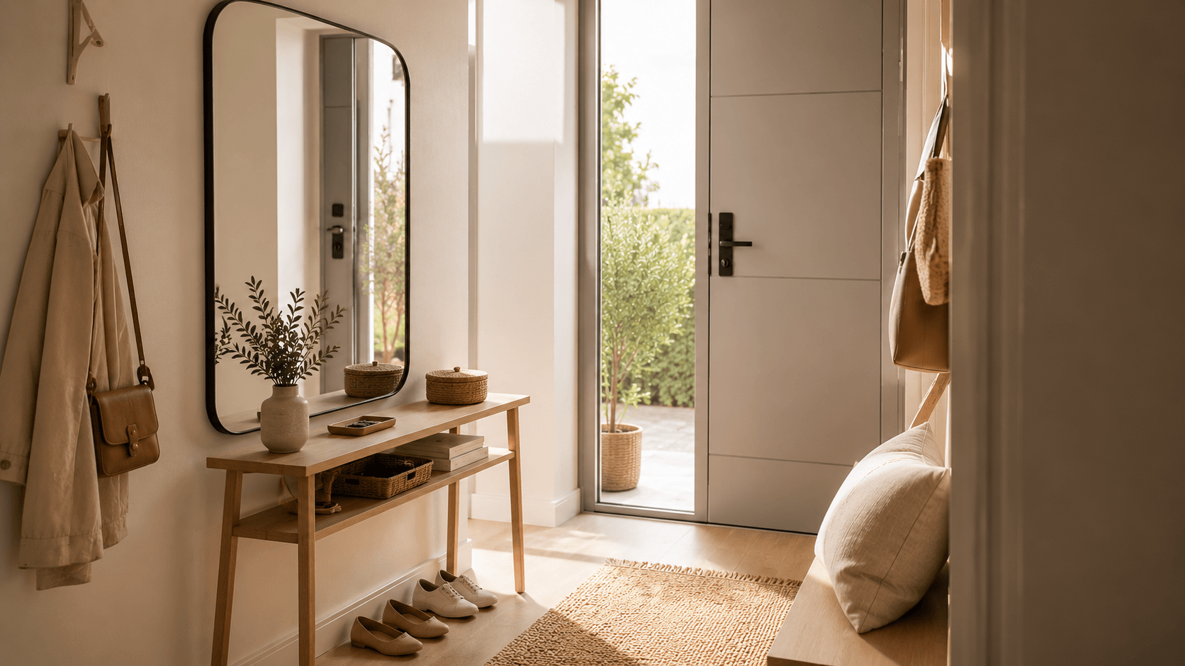 Espejo grande sobre mueble estrecho en recibidor pequeño que ayuda a reflejar luz y ampliar visualmente el ambiente.