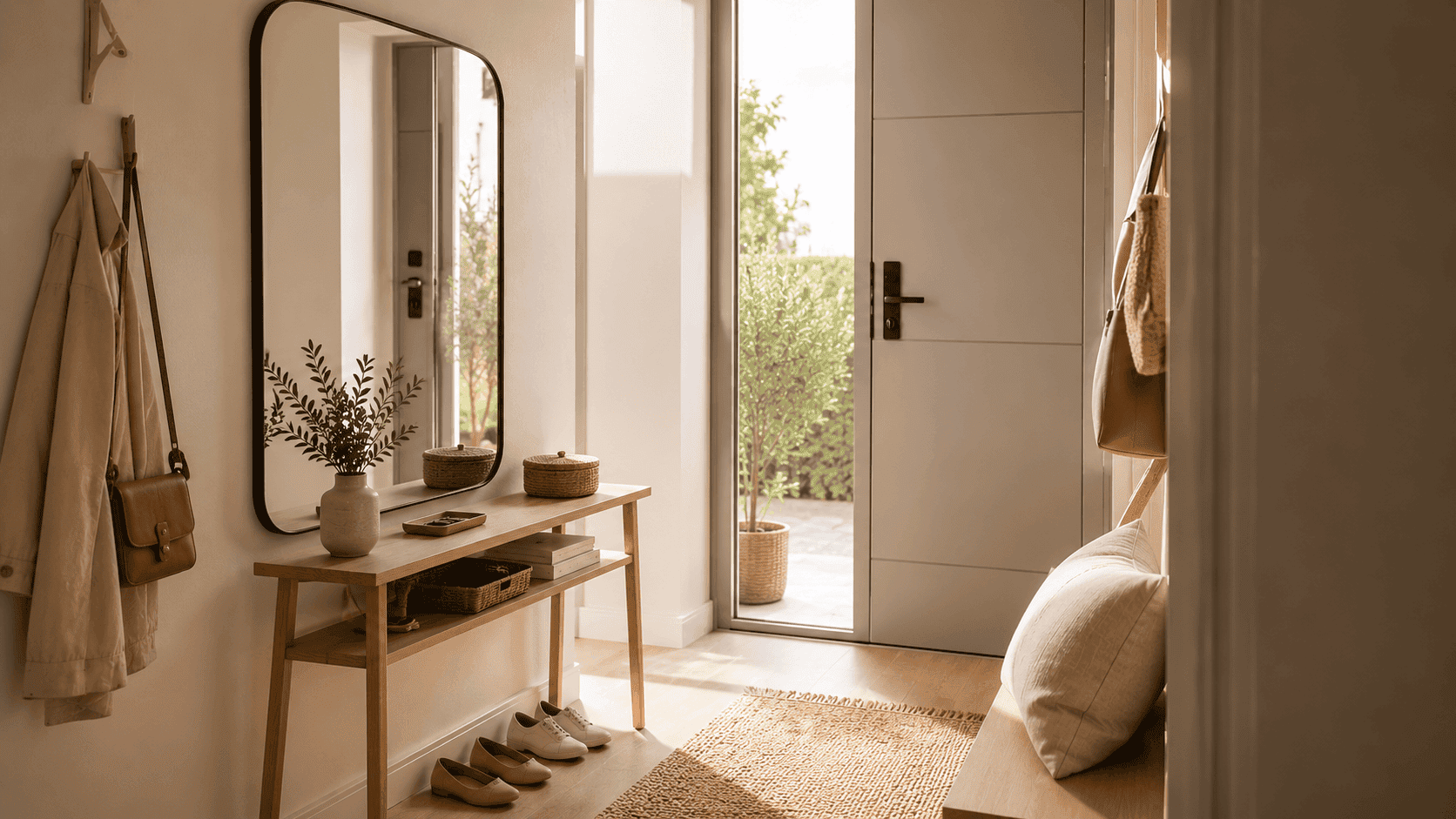 Espejo grande sobre mueble estrecho en recibidor pequeño que ayuda a reflejar luz y ampliar visualmente el ambiente.