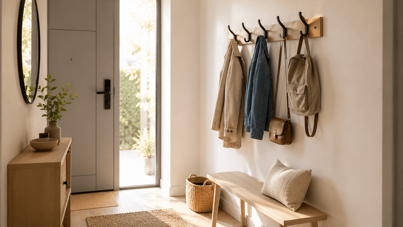 Ganchos de pared en recibidor funcional con bolsos y chaquetas organizados sin ocupar muebles ni superficies extra.
