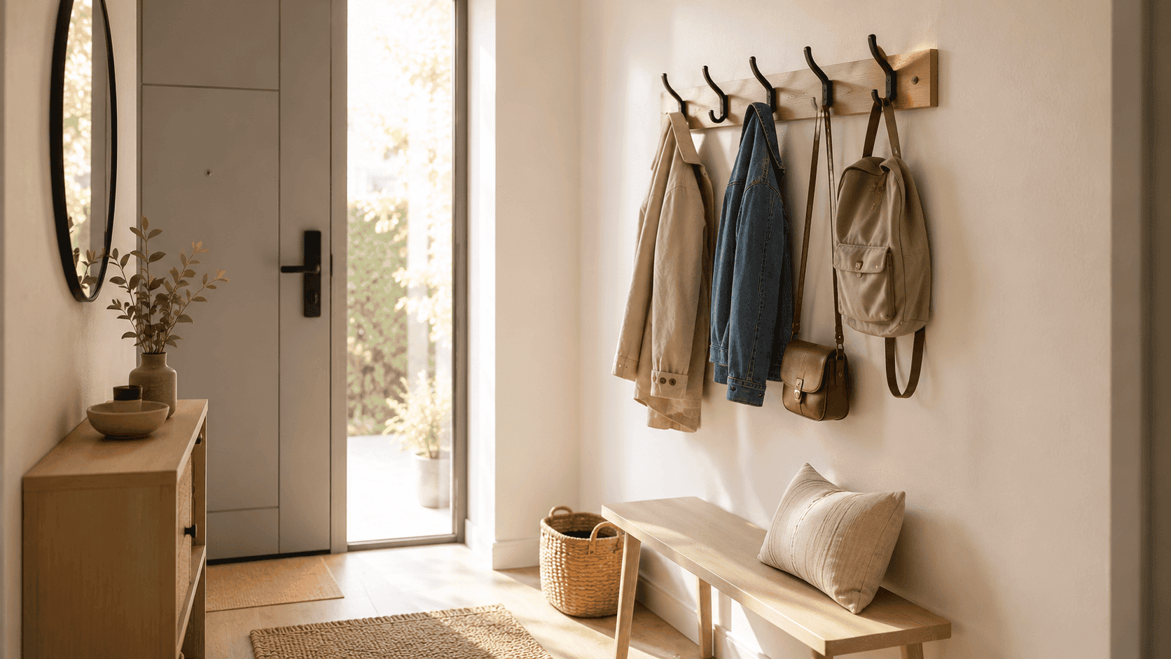 Ganchos de pared en recibidor funcional con bolsos y chaquetas organizados sin ocupar muebles ni superficies extra.