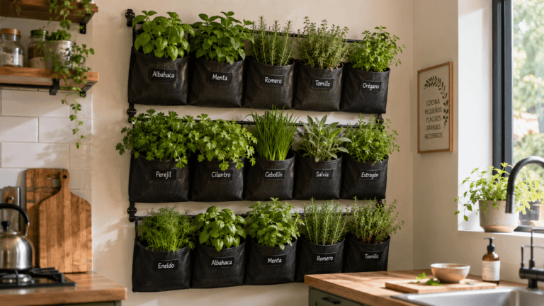Convierte bolsas recicladas en un mini huerto vertical para tu cocina